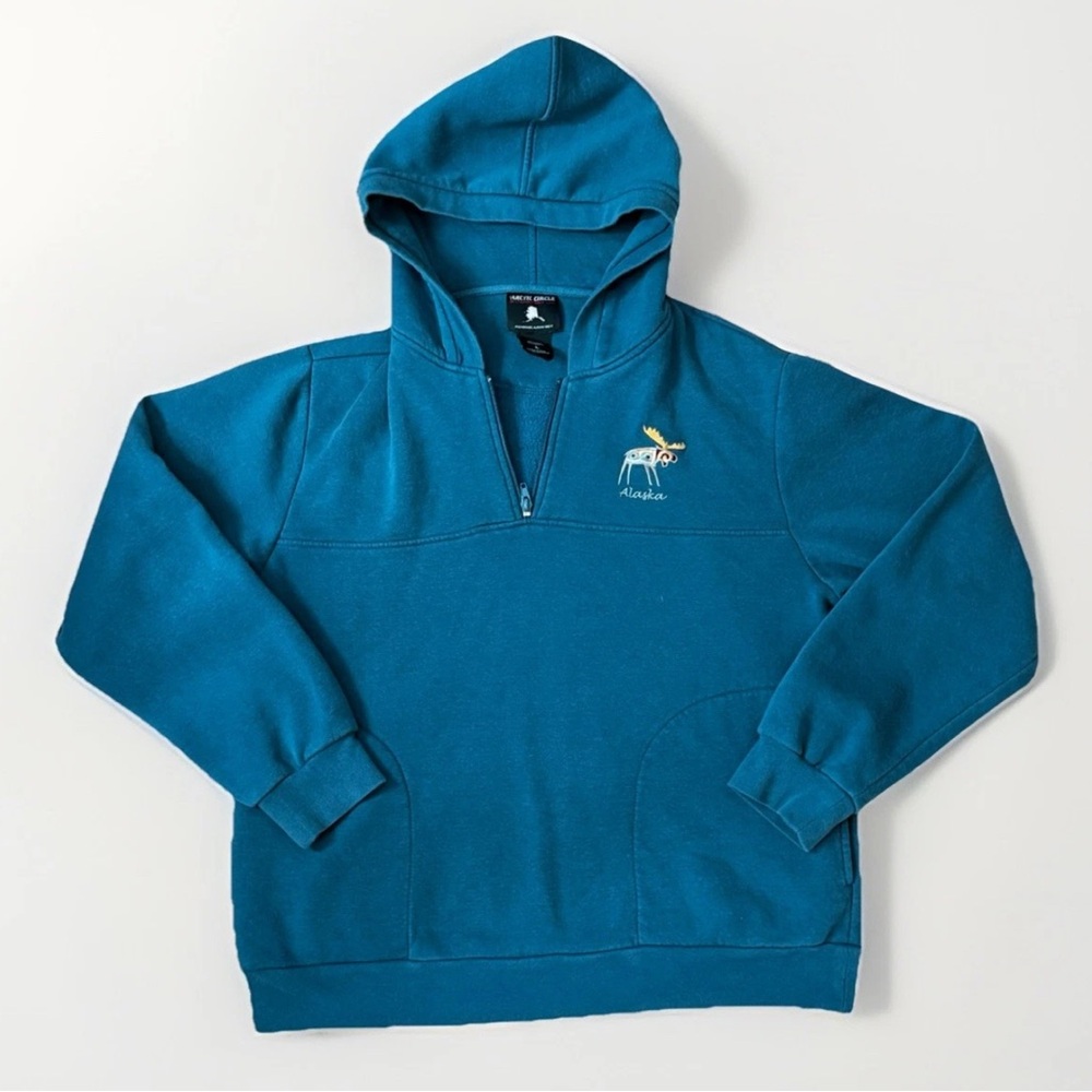 Artic Circle Alaska Moose Embroidered Hoodie Blue Zip Pullover Cabincore Cozy